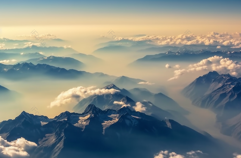 透过云层从山顶俯瞰美丽的风景层层雪山摄影真实,高清,摄影图,摄影图片,图片大全,摄影图免费下载